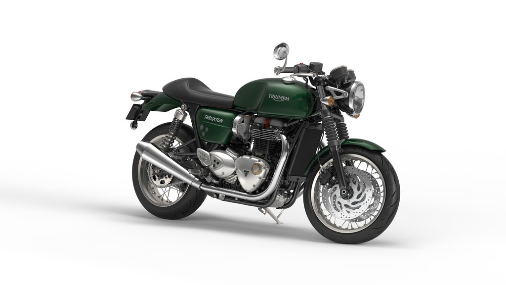 Triumph Thruxton Competition Green Tre Quarti Anteriore Cavalli Vapore